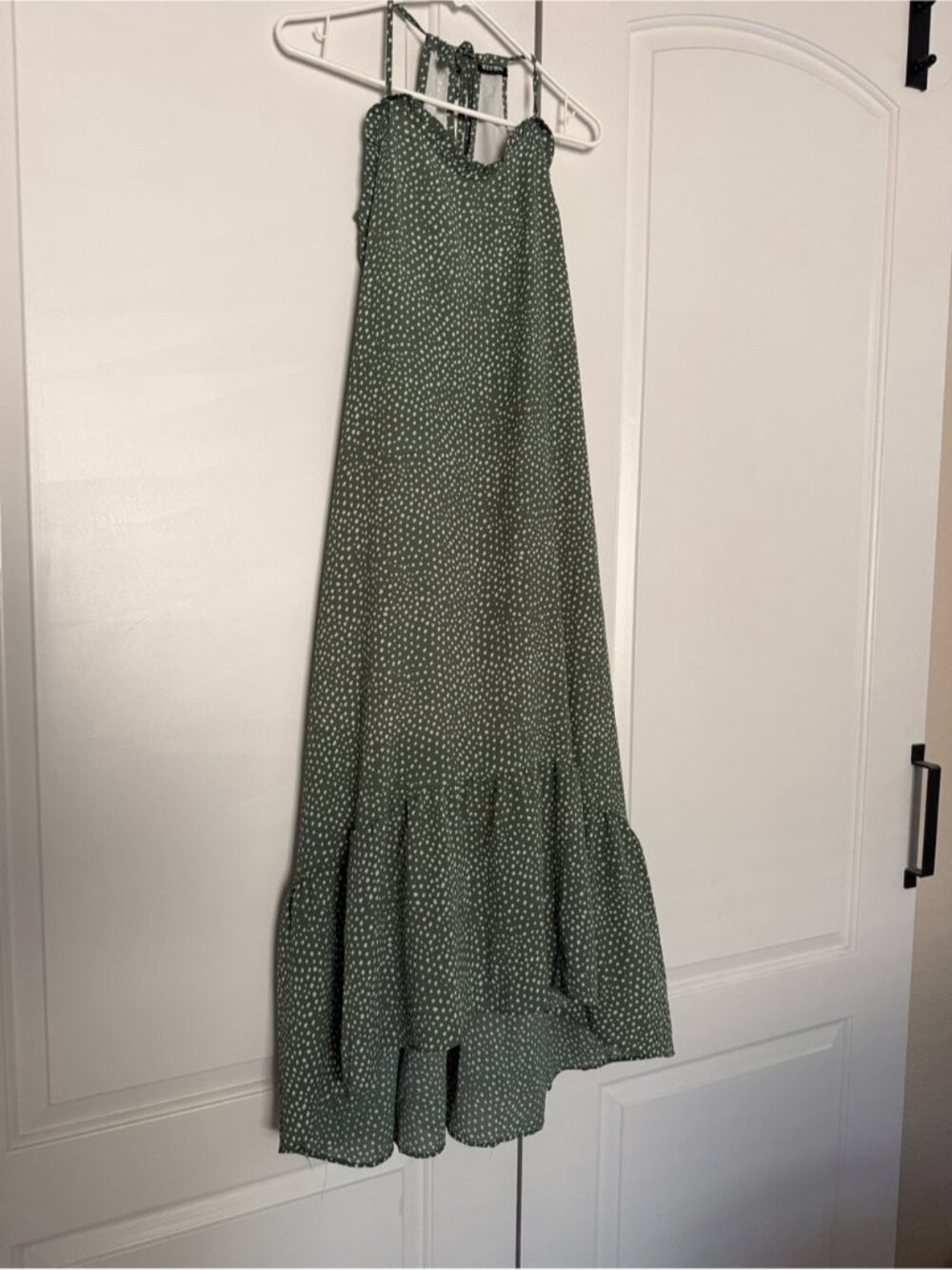 Olive Green Polka Dot Maxi Dress with Tie-Strap Neck